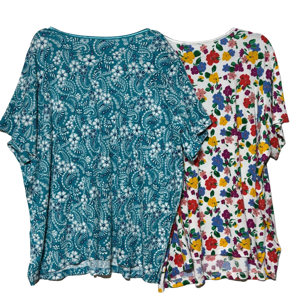 Woman Within Tops‎ Womens 3X-30-32 Green White Red Floral Waffle Knit Lot of 2 - Picture 2 of 10